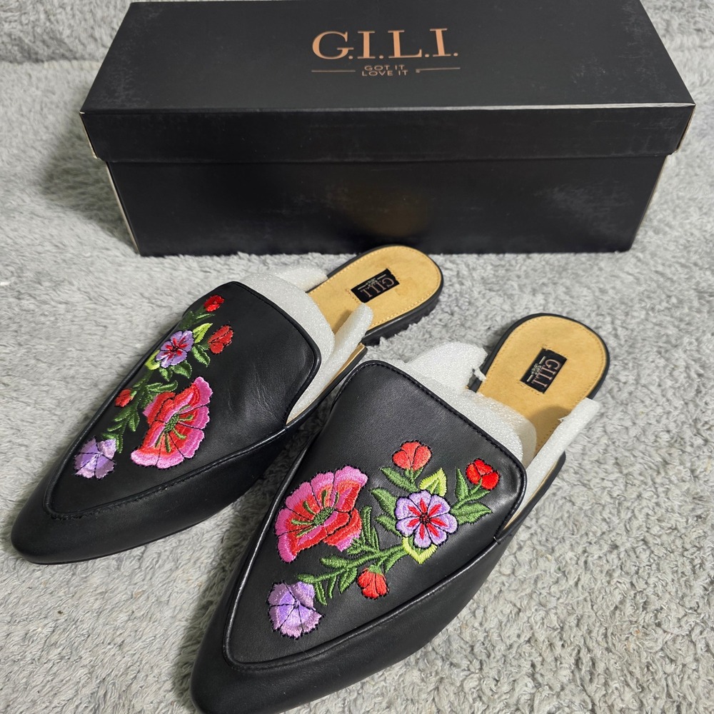 G.I.L.I. Women Black‎ Leather Floral Embroidered Pointed Toe Mule Flats 7.5 NIB